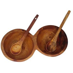 Wooden Condiment Salsa Bowl Double Sided with Two Spoons